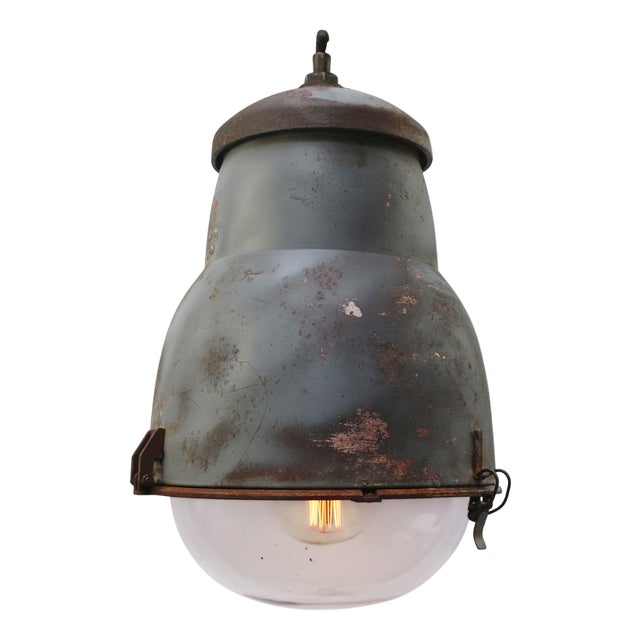 Vintage French Industrial Round Gray Metal and Glass Pendant Light from Philips For Sale