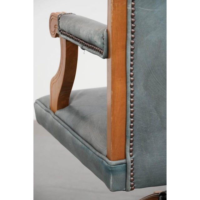 English Style Chesterfield Swivel Desk Chair in Light Blue Cowhide and Wood For Sale - Image 18 of 18