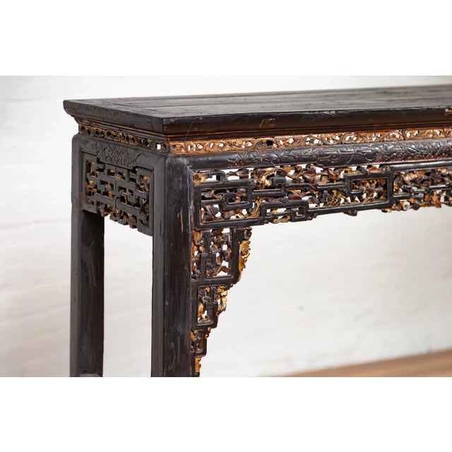 Chinese Antique Parcel-Gilt Black Altar Console Table with Carved Floral Décor For Sale - Image 11 of 13