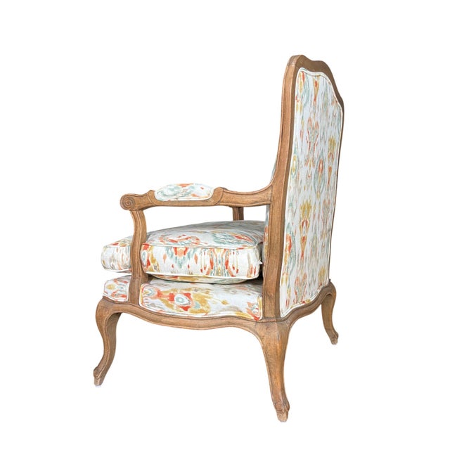 Louis XV-Style French Provincial Fauteuil in Custom Ikat Upholstery For Sale - Image 10 of 18