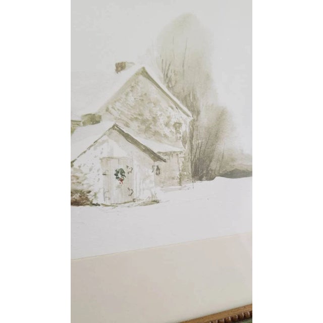 Vintage Art Print Landscape of Old Farm House in Snow with Wreath on Door Pretty scene of a snowy farm landscape. The...