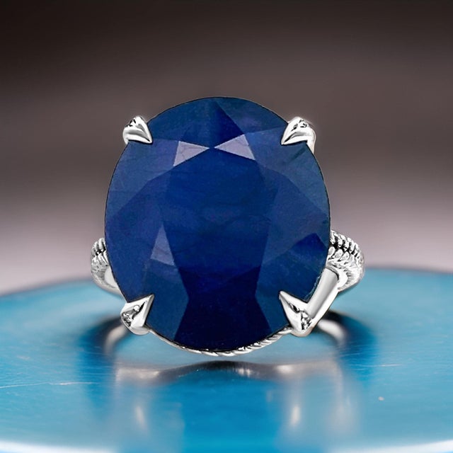 Traditional Natural Solitaire Sapphire Ring 6.5 14k W Gold 16.5 TCW Certified For Sale - Image 3 of 10
