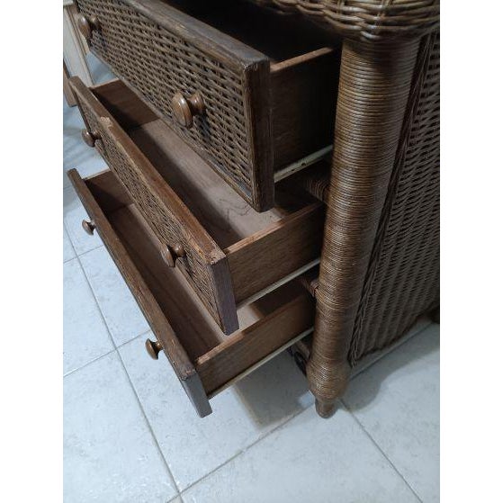 1980s Wicker Rattan Chest or Nightstand Three Drawer Dark Tone For Sale - Image 5 of 6