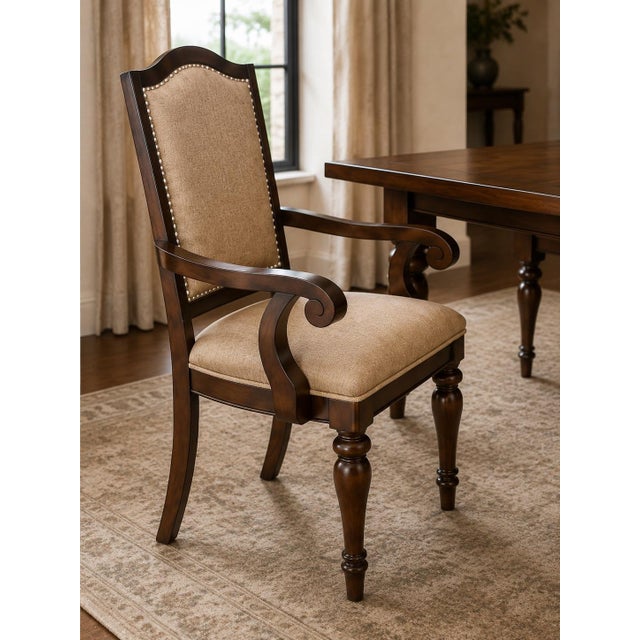 Spanish Revival Set of Six Late 20th Century Walnut Dining Chairs With Sculptural Armchairs For Sale - Image 3 of 6