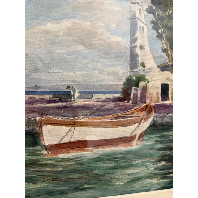 Beautiful original watercolor painting depicting idyllic Greek island scenes, professionally custom framed with museum-...