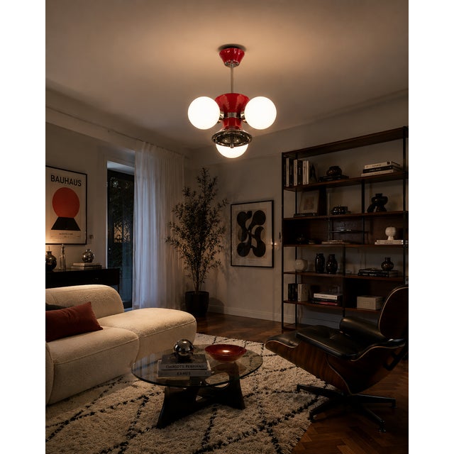 1960s Space Age Pendant Lamp with Three Globes in Red Lacquered Metal, Chrome and Opal Glass, 1970s For Sale - Image 5 of 6