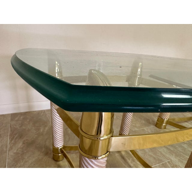 1980s Vintage Italian Brass Horn 1 Coffee and 2 End Tables Thick Glass - Set of 3 For Sale - Image 4 of 12
