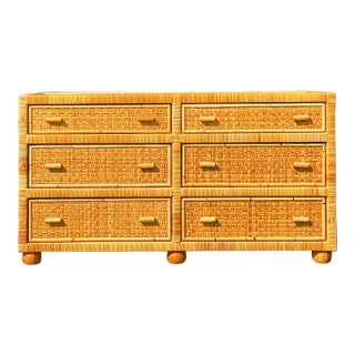 Vintage Coastal Wrapped Rattan Six Drawer Dresser For Sale