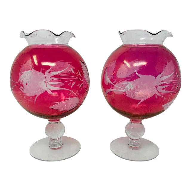 Set of 2 Grand 8" Princess House "Heritage" Cranberry Glass Rose Bowls - Circa 1974 For Sale