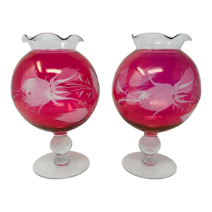 Set of 2 Grand 8" Princess House "Heritage" Cranberry Glass Rose Bowls - Circa 1974