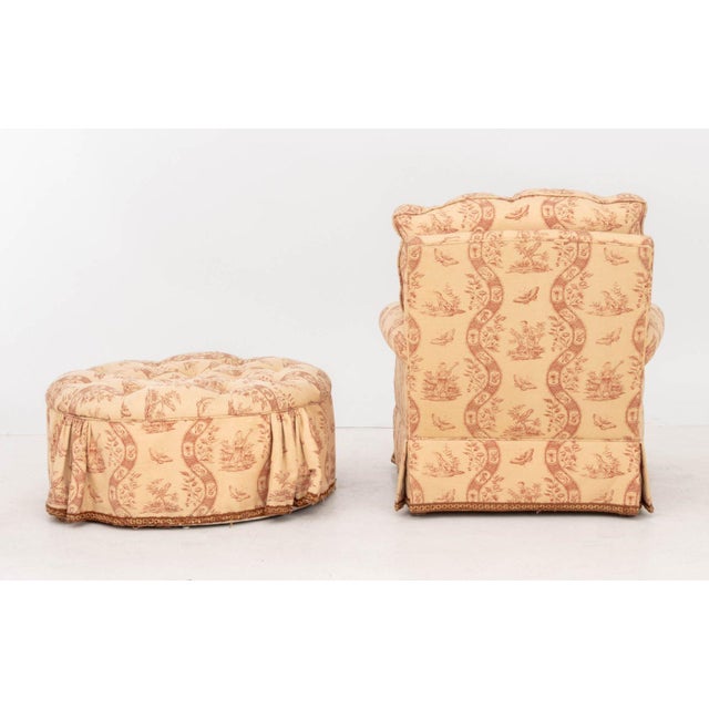 Toile De Jouy Upholstered Club Chair and Ottoman For Sale - Image 4 of 13