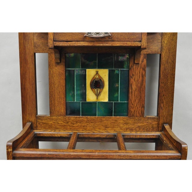 Early 20th Century Antique English Art Nouveau Oak & Green Tile Coat Rack Umbrella Stand Hall Tree For Sale - Image 5 of 18