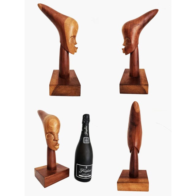 Vintage African Hand Carved Wood Head Bust Sculpture, Artist Signed For Sale - Image 9 of 11