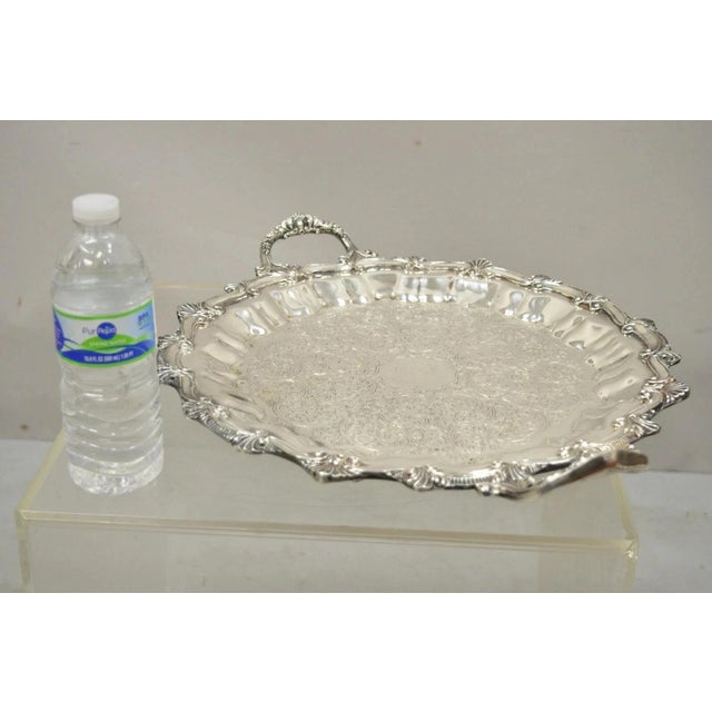 Silver Mid 20th Century Victorian Ornate Silver Plated Twin Handle Scalloped Bar Serving Platter Tray For Sale - Image 8 of 9