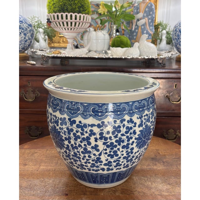 Ink Blue Mid to Late Twentieth Century Large Vintage Chinese Blue & White Porcelain Floral Fishbowl Planter Jardinière For Sale - Image 8 of 10