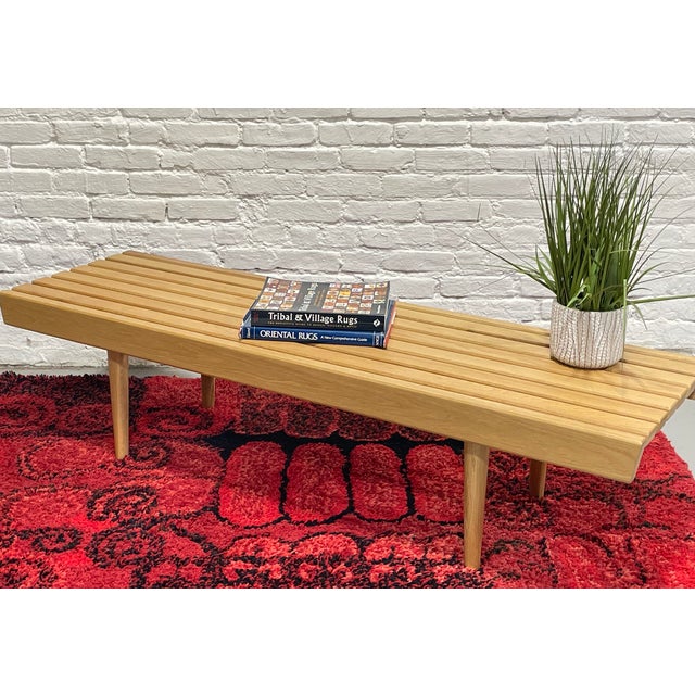 Mid Century Modern Styled Handmade Oak Slat Bench | Long Coffee Table For Sale - Image 4 of 9