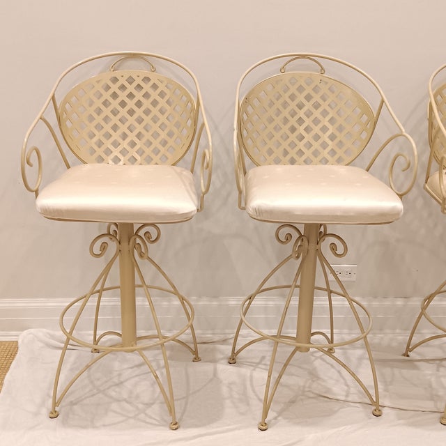 French Provincial Vintage French Style Wrought Iron Indoor/Outdoor Swivel Barstools W/Cream Coating, Lattice Back and a Beautiful Silky Cream Upholstered Seat, 3 Pieces For Sale - Image 3 of 16