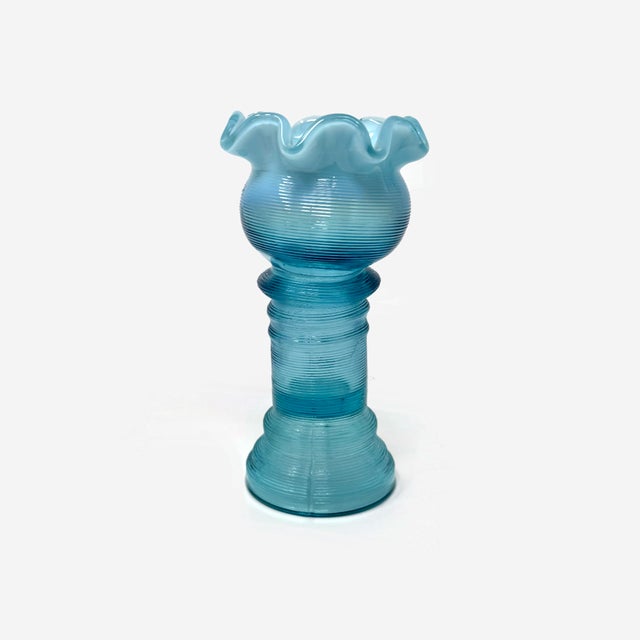 American Antique Eapg Jefferson Glass #73 Blue Opalescent Spool Vase 6" Ruffled Rim For Sale - Image 3 of 9