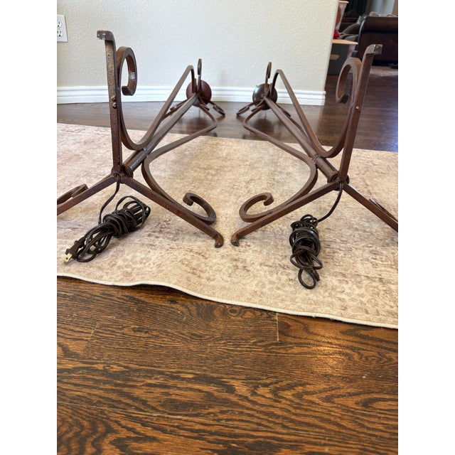 Vintage Spanish Revival Scrolled Wrought Iron Floor Lamps With Antiqued Shades – Pair For Sale - Image 11 of 15