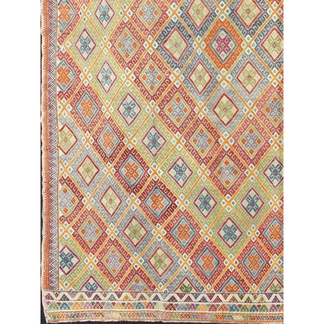 Tribal Mid 20th Century Geometric Diamond Vintage Turkish Kilim Rug, Bright and Colorful For Sale - Image 3 of 13