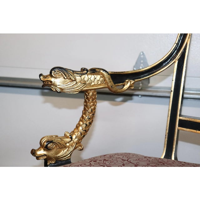 French Empire Style Ebonized Giltwood Carved Dolphins Settee Circa 1950 For Sale - Image 12 of 13
