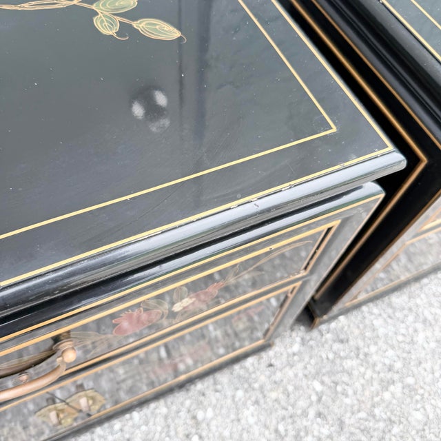 Black Vintage Cantonese Black Lacquered Hand Painted Nightstands - A Pair For Sale - Image 8 of 11