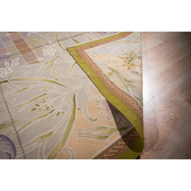 1980s 9x12 Vintage Aubusson Flat Weave Wool Rug, Light Blue Art Nouveau Floral For Sale - Image 5 of 15