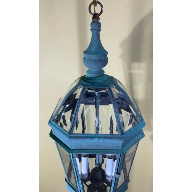 Vintage Verdigris Solid Brass Hexagonal Hanging Lantern – 29”x 11” For Sale - Image 11 of 14