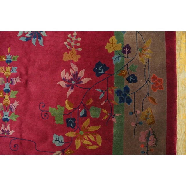 Ruby Red 1920s Ruby Red Floral Vase Antique Chinese Art Deco Carpet 9' X 11'9" Knotted Wool Rug For Sale - Image 8 of 12