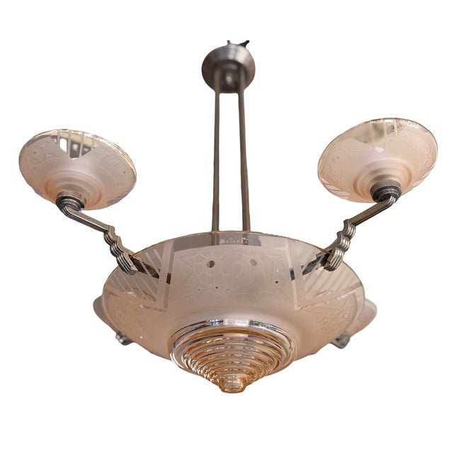 Art Deco Chandelier in Salmon-Colored Sandblasted and Polished Clear Glass from Muller Frères For Sale - Image 3 of 18