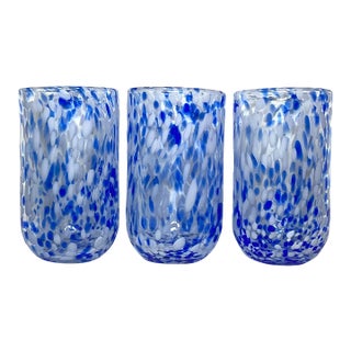 Vintage Mid-Century Modern Blue White Confetti Hand Blown Tumbler Glasses For Sale
