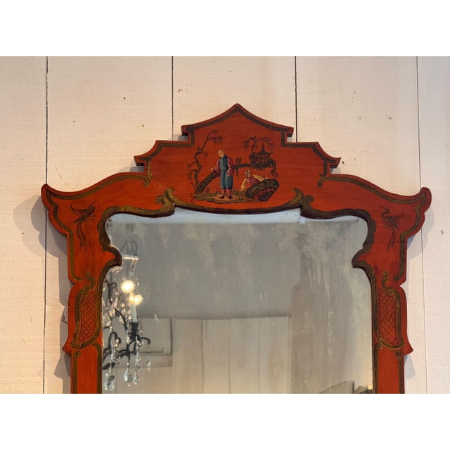 Red Chinoiserie Mirror With Painted Pagoda Crest For Sale - Image 4 of 8
