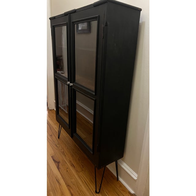 Contemporary 1900s Antique Black Painted Bookcase/Display Cabinet With Original Wavy Glass For Sale - Image 3 of 10