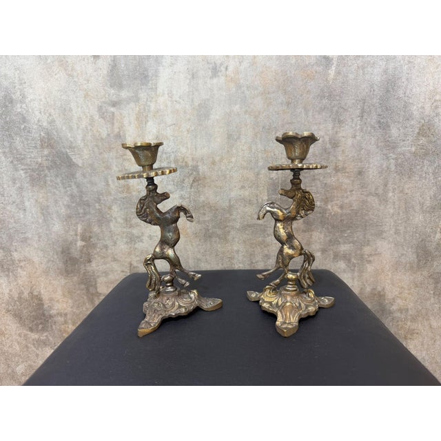 Metal Antiqued Brass Horse Candlestick Pair For Sale - Image 7 of 10