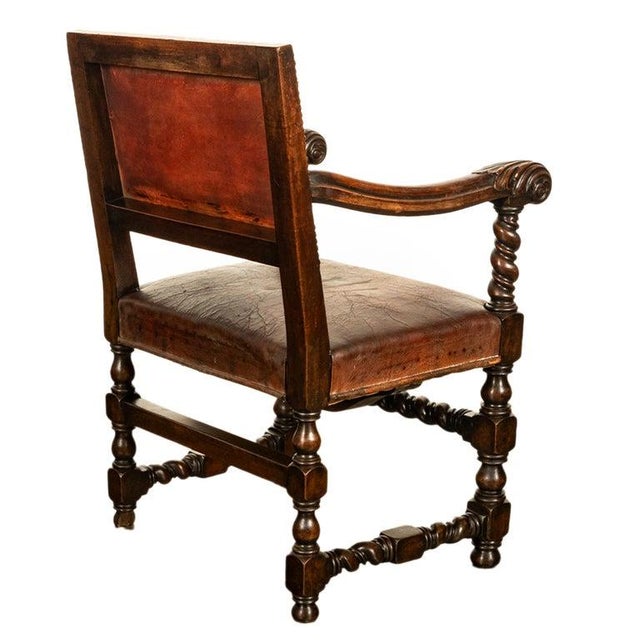 Antique Italian Baroque Leather & Barley Twist Carved Mahogany Arm Chair 1820 For Sale In Portland, OR - Image 6 of 14