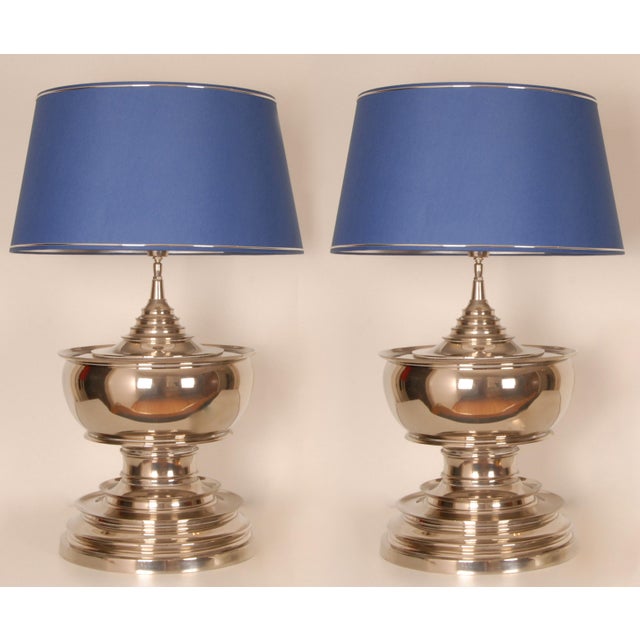 Vintage Chrome Table Lamps Tall Silver and Royal Blue Modern Vase Lamps Set of 2 For Sale - Image 11 of 11
