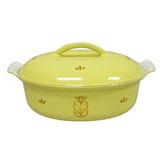 Vintage Dru Holland Yellow Tulip Enameled Cast Iron Dutch Oven Oval Pot For Sale