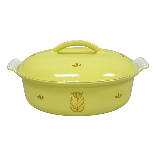 Vintage Dru Holland Yellow Tulip Enameled Cast Iron Dutch Oven Oval Pot For Sale