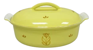 Vintage Dru Holland Yellow Tulip Enameled Cast Iron Dutch Oven Oval Pot