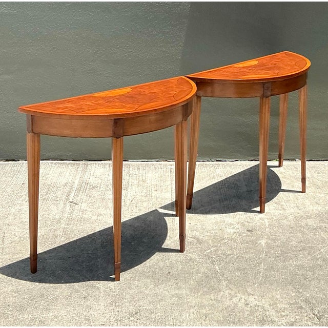Vintage Regency Sunburst Burl Wood Demilune Tables - A Pair For Sale - Image 9 of 12