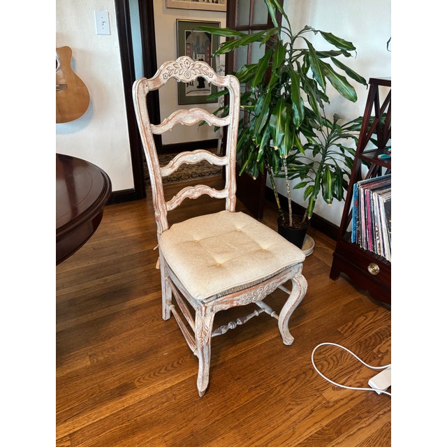 Late 20th Century Vintage French Dining Chairs S/6 Ladder-Back Rush Seats Custom Pads For Sale - Image 5 of 12