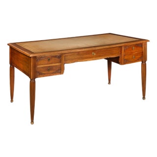 French Art Deco Carved Walnut Leather Bureau Plat Writing Desk Ca. 1940 For Sale