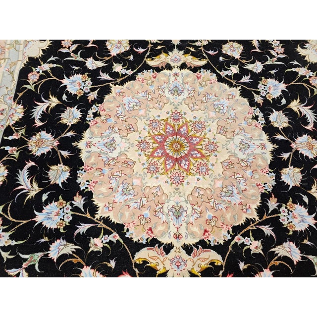 Persian Tabriz Rug, Handwoven Floral Pattern With Silk Highlights, Black & Ivory, 7’ X 10’ For Sale - Image 10 of 12