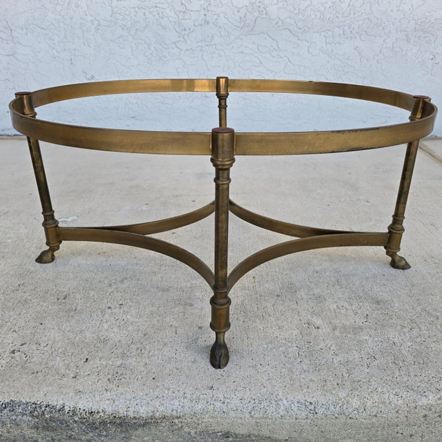 Vintage LaBarge Oval Brass Hoof Footed Glass Top Coffee Table For Sale - Image 14 of 15