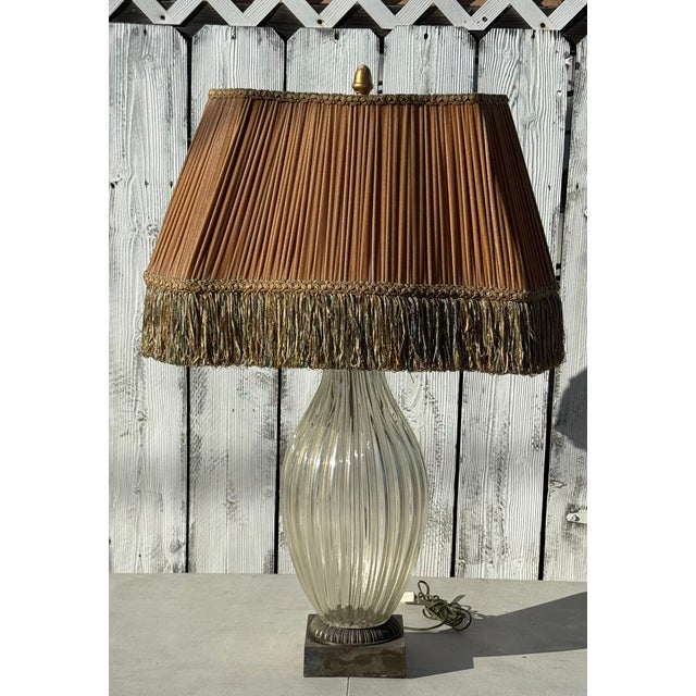 Murano 1940s Monumental Murano Glass Lamp With Custom Silk Velvet Fringe Trim Shade For Sale - Image 4 of 17