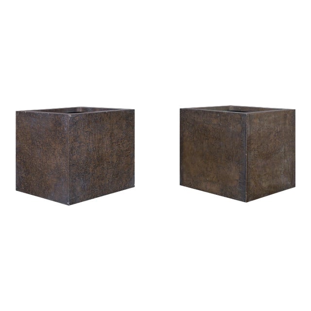 Vintage Bronze Resin Square Planters by Forms and Surfaces - Set of 2 For Sale