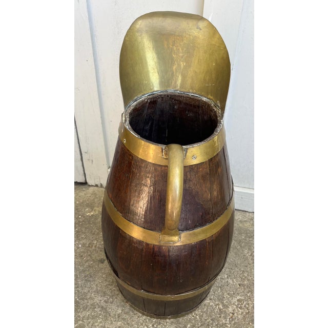 Antique Large French Country Oak Pitcher Brass Band Wine Barrel Umbrella Stand. 26 1/2 inches tall to the top of the lip....