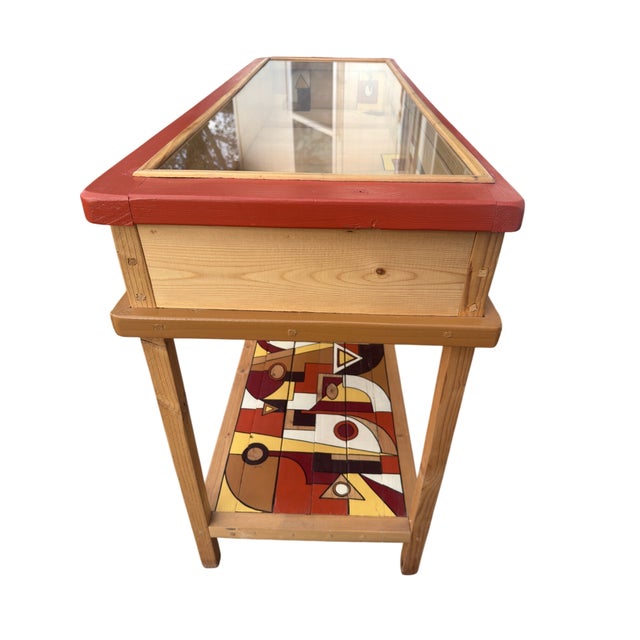 Abstract Vintage Hand Painted Geometric Wood and Glass Display Case Console For Sale - Image 3 of 10