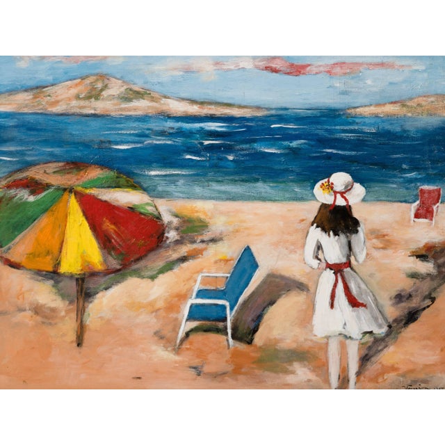 Surrealist Mediterranean beach scene painting of girl facing sea, two empty modernist beach chairs, and graphic umbrella....