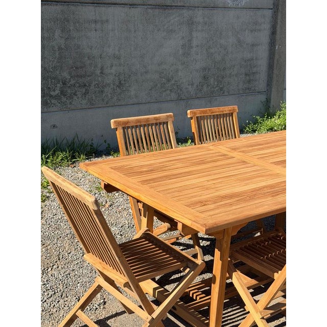Rectangular Extendable Teak Garden Table and Folding Chairs, Set of 7 For Sale - Image 9 of 10